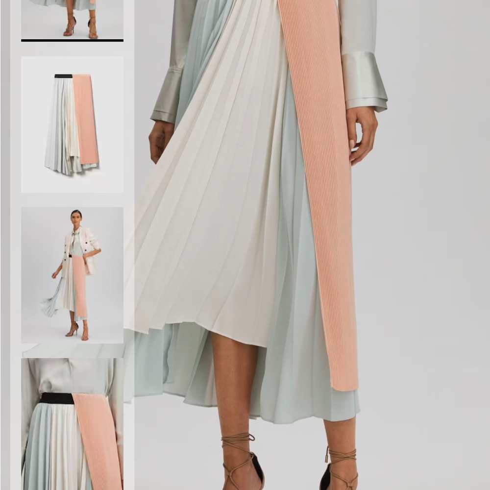NWT- Reiss MADDIE PLEATED ASYMMETRIC MIDI SKIRT IN PINK/CREAM, Sz. 8